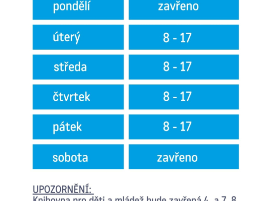 Prázdninová otevírací a výpůjční doba knihovny a dovolené v pobočkách